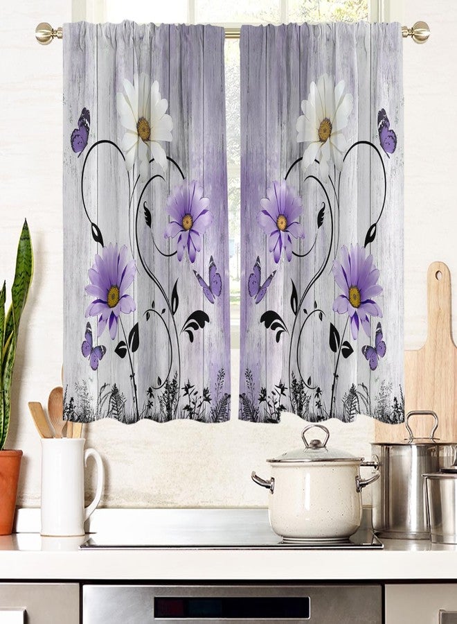 AAtter Purple Floral Window Curtains for Kitchen Lavender Lilac Flowers Fun Girls Butterfly Small Short Home Living Room Bedroom Bathroom Drapes Treatment Tiers Fabric 1 Pair, 27.5" W x 45" L, Rustic - Image 1